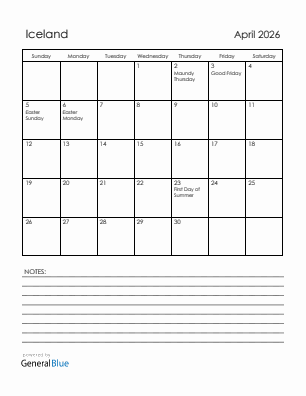 Current month calendar with Iceland holidays for April 2026