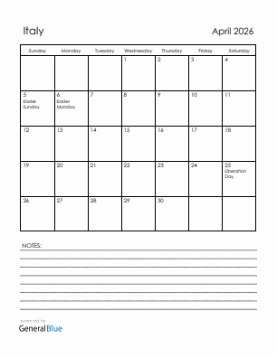 Current month calendar with Italy holidays for April 2026
