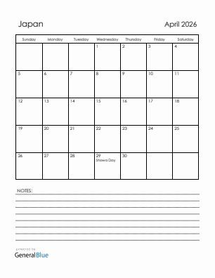 Current month calendar with Japan holidays for April 2026