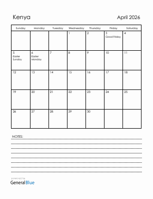 Current month calendar with Kenya holidays for April 2026