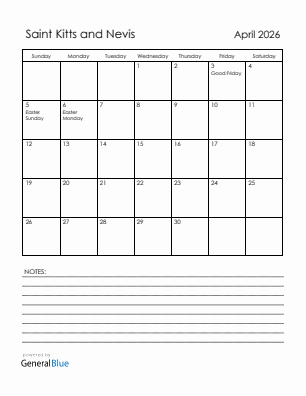 Current month calendar with Saint Kitts and Nevis holidays for April 2026