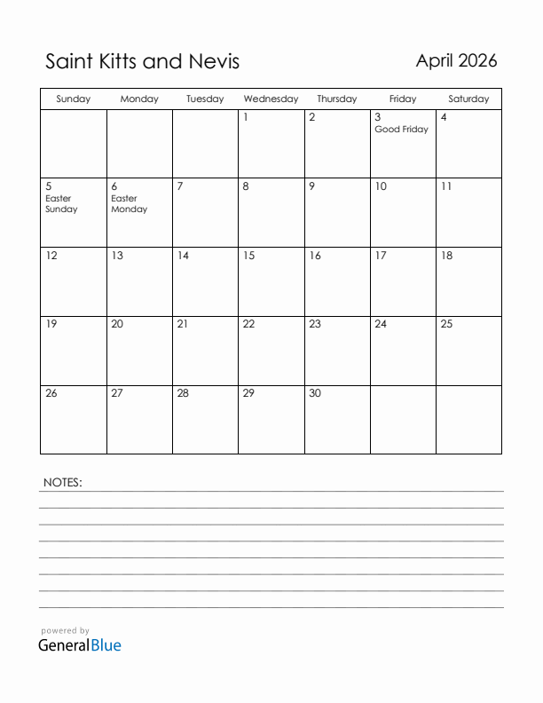 April 2026 Saint Kitts and Nevis Calendar with Holidays (Sunday Start)