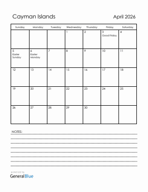 Current month calendar with Cayman Islands holidays for April 2026