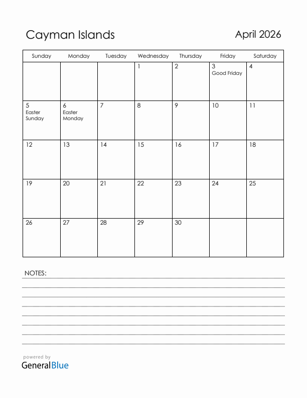 April 2026 Cayman Islands Calendar with Holidays (Sunday Start)