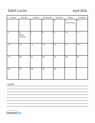 Current month calendar with Saint Lucia holidays for April 2026