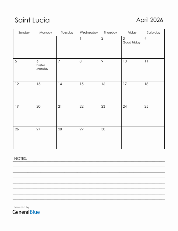 April 2026 Saint Lucia Calendar with Holidays (Sunday Start)