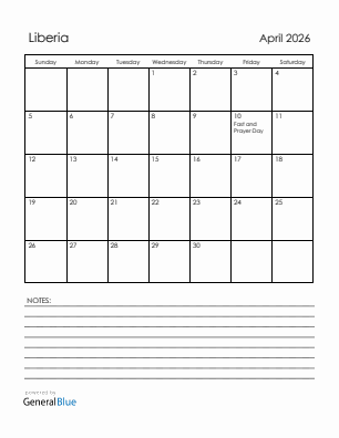 Current month calendar with Liberia holidays for April 2026