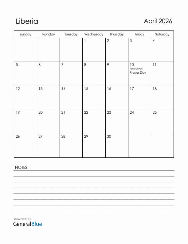 April 2026 Liberia Calendar with Holidays (Sunday Start)