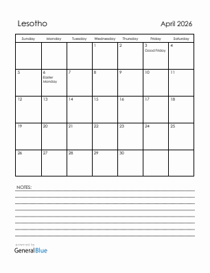 Current month calendar with Lesotho holidays for April 2026