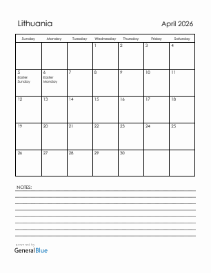 Current month calendar with Lithuania holidays for April 2026