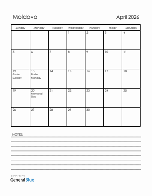 Current month calendar with Moldova holidays for April 2026