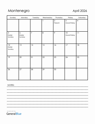 Current month calendar with Montenegro holidays for April 2026