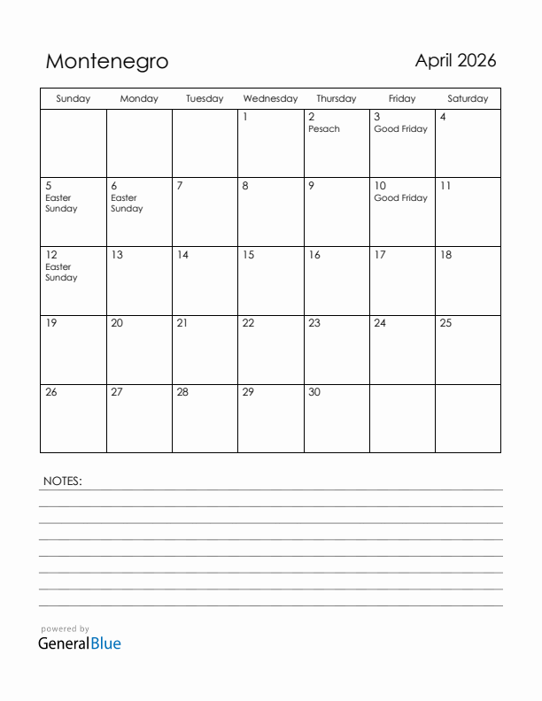 April 2026 Montenegro Calendar with Holidays (Sunday Start)