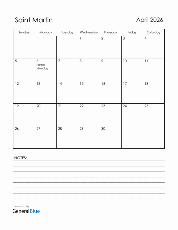 April 2026 Saint Martin Calendar with Holidays (Sunday Start)