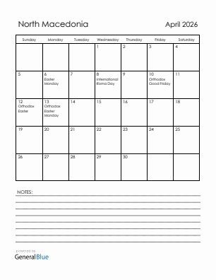 Current month calendar with North Macedonia holidays for April 2026