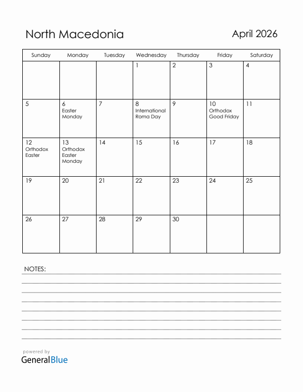 April 2026 North Macedonia Calendar with Holidays (Sunday Start)