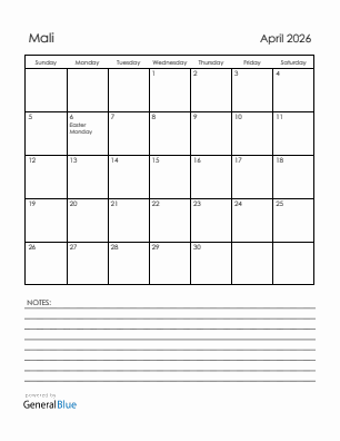 Current month calendar with Mali holidays for April 2026