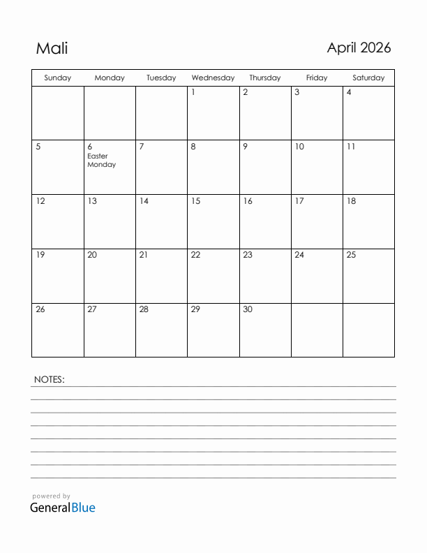 April 2026 Mali Calendar with Holidays (Sunday Start)