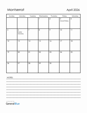 Current month calendar with Montserrat holidays for April 2026