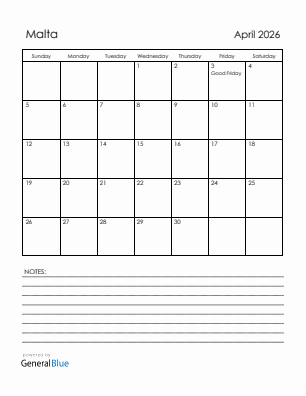 Current month calendar with Malta holidays for April 2026