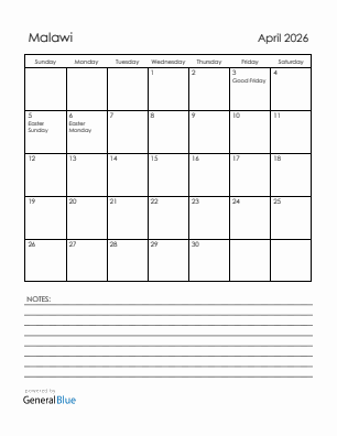 Current month calendar with Malawi holidays for April 2026