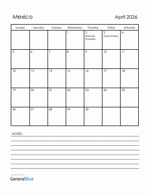 Current month calendar with Mexico holidays for April 2026