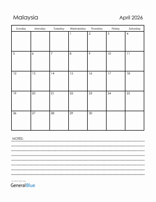 Current month calendar with Malaysia holidays for April 2026