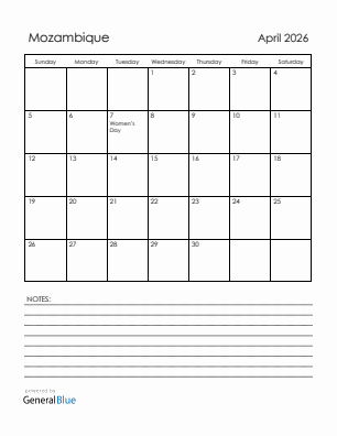 Current month calendar with Mozambique holidays for April 2026