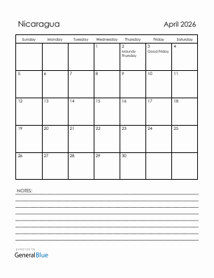 Current month calendar with Nicaragua holidays for April 2026