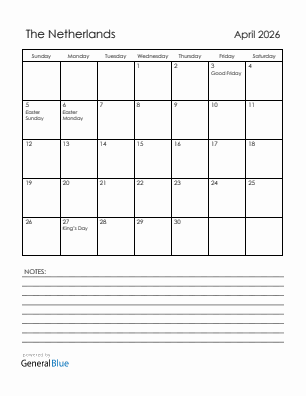 Current month calendar with The Netherlands holidays for April 2026