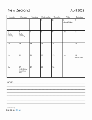 Current month calendar with New Zealand holidays for April 2026