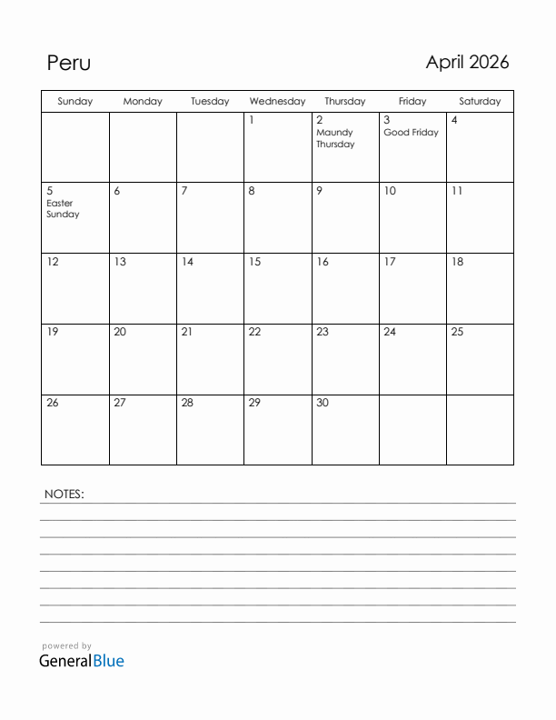 April 2026 Peru Calendar with Holidays (Sunday Start)