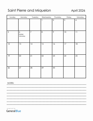 Current month calendar with Saint Pierre and Miquelon holidays for April 2026