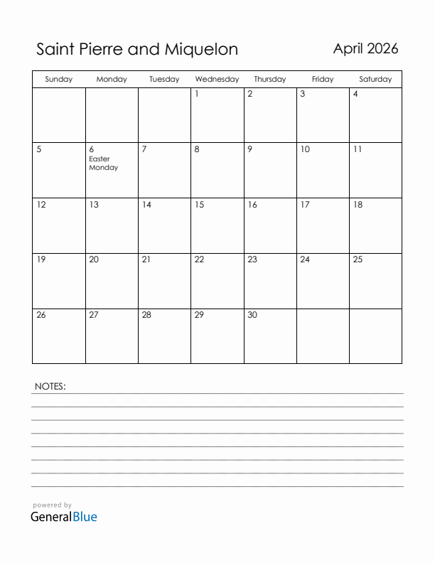 April 2026 Saint Pierre and Miquelon Calendar with Holidays (Sunday Start)