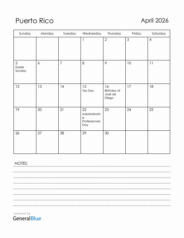 April 2026 Puerto Rico Calendar with Holidays (Sunday Start)