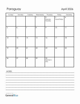 Current month calendar with Paraguay holidays for April 2026