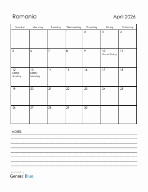 Current month calendar with Romania holidays for April 2026