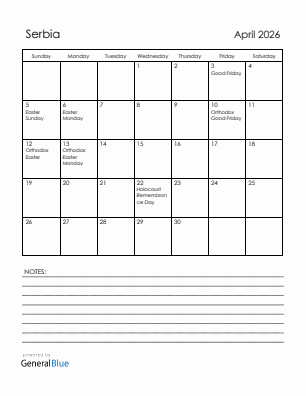 Current month calendar with Serbia holidays for April 2026