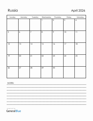 Current month calendar with Russia holidays for April 2026