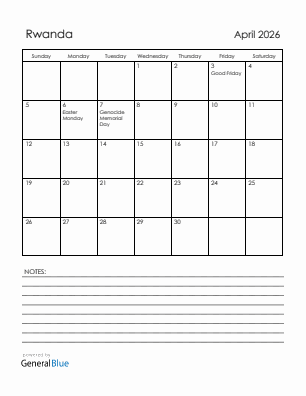 Current month calendar with Rwanda holidays for April 2026