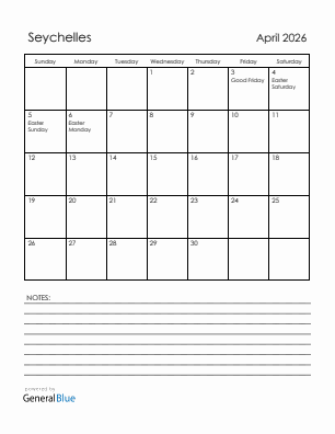 Current month calendar with Seychelles holidays for April 2026