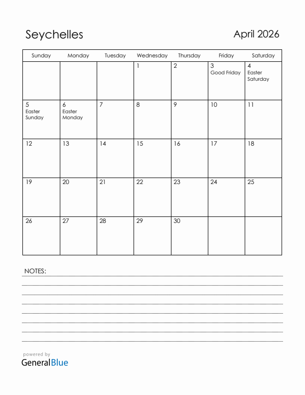 April 2026 Seychelles Calendar with Holidays (Sunday Start)