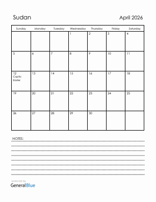 Current month calendar with Sudan holidays for April 2026