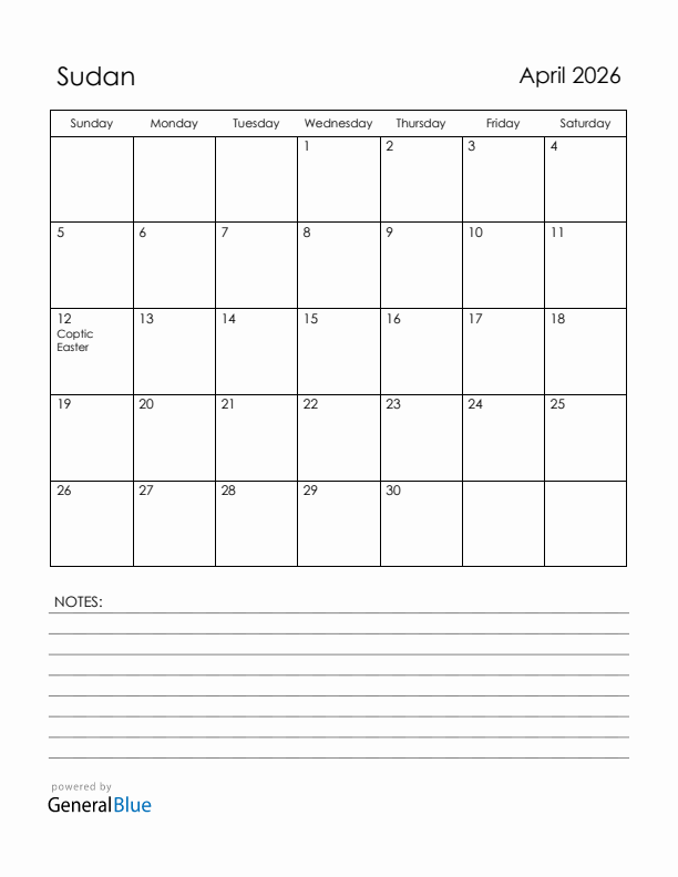 April 2026 Sudan Calendar with Holidays (Sunday Start)
