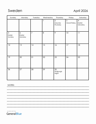 Current month calendar with Sweden holidays for April 2026