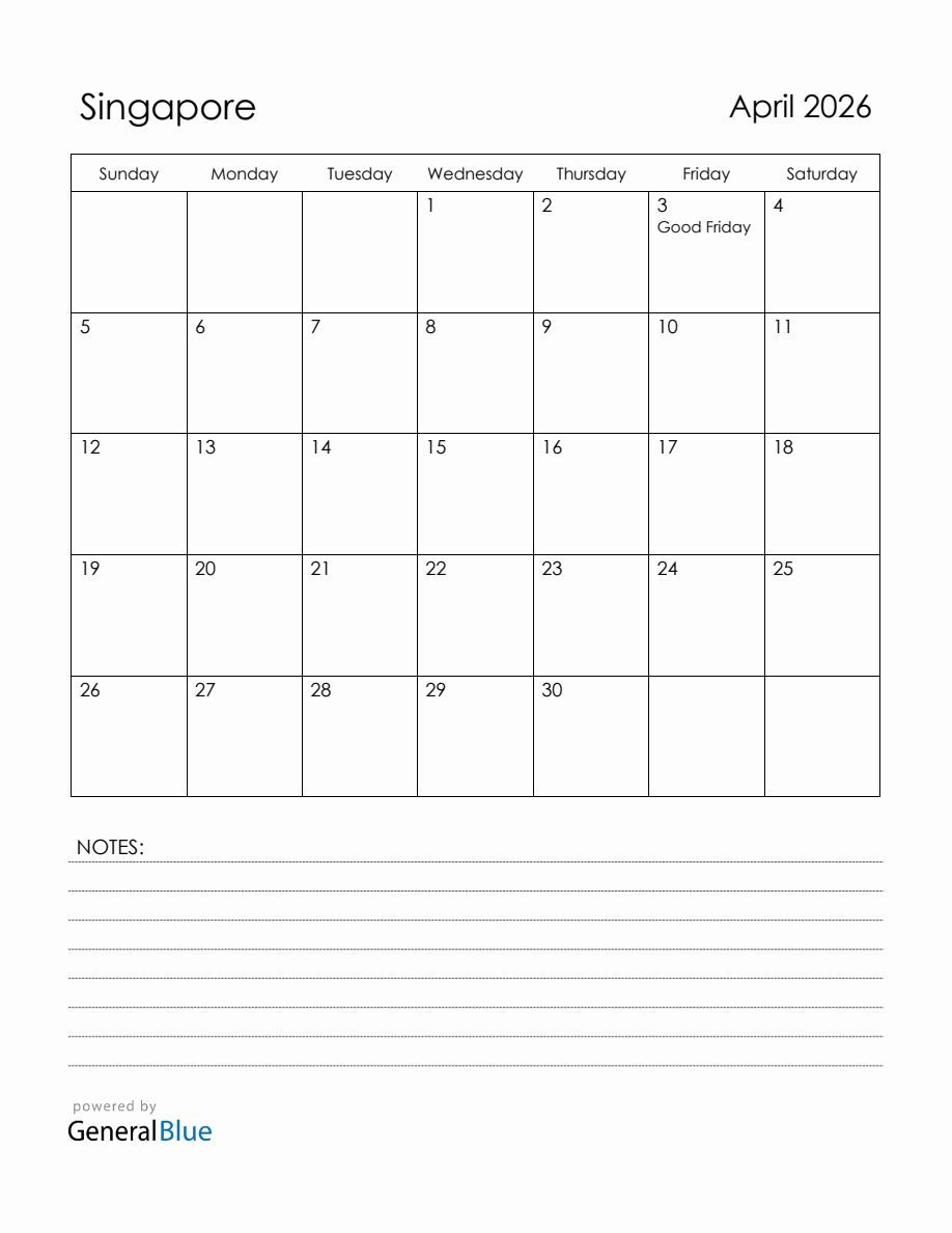 April 2026 Singapore Calendar with Holidays