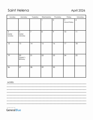 Current month calendar with Saint Helena holidays for April 2026