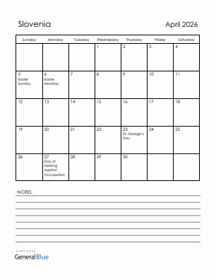 Current month calendar with Slovenia holidays for April 2026