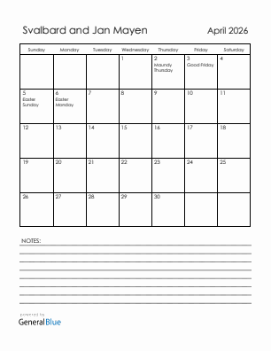 Current month calendar with Svalbard and Jan Mayen holidays for April 2026