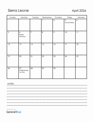 Current month calendar with Sierra Leone holidays for April 2026